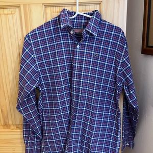 Blue, red, and white button down